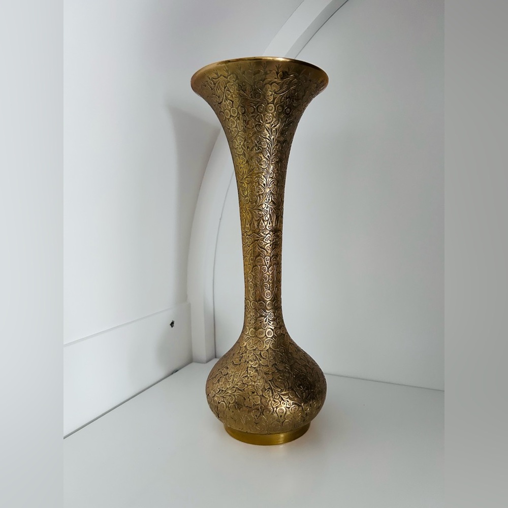 MCM metal brass Gold tone Floral Vase made in India flower decor pretty